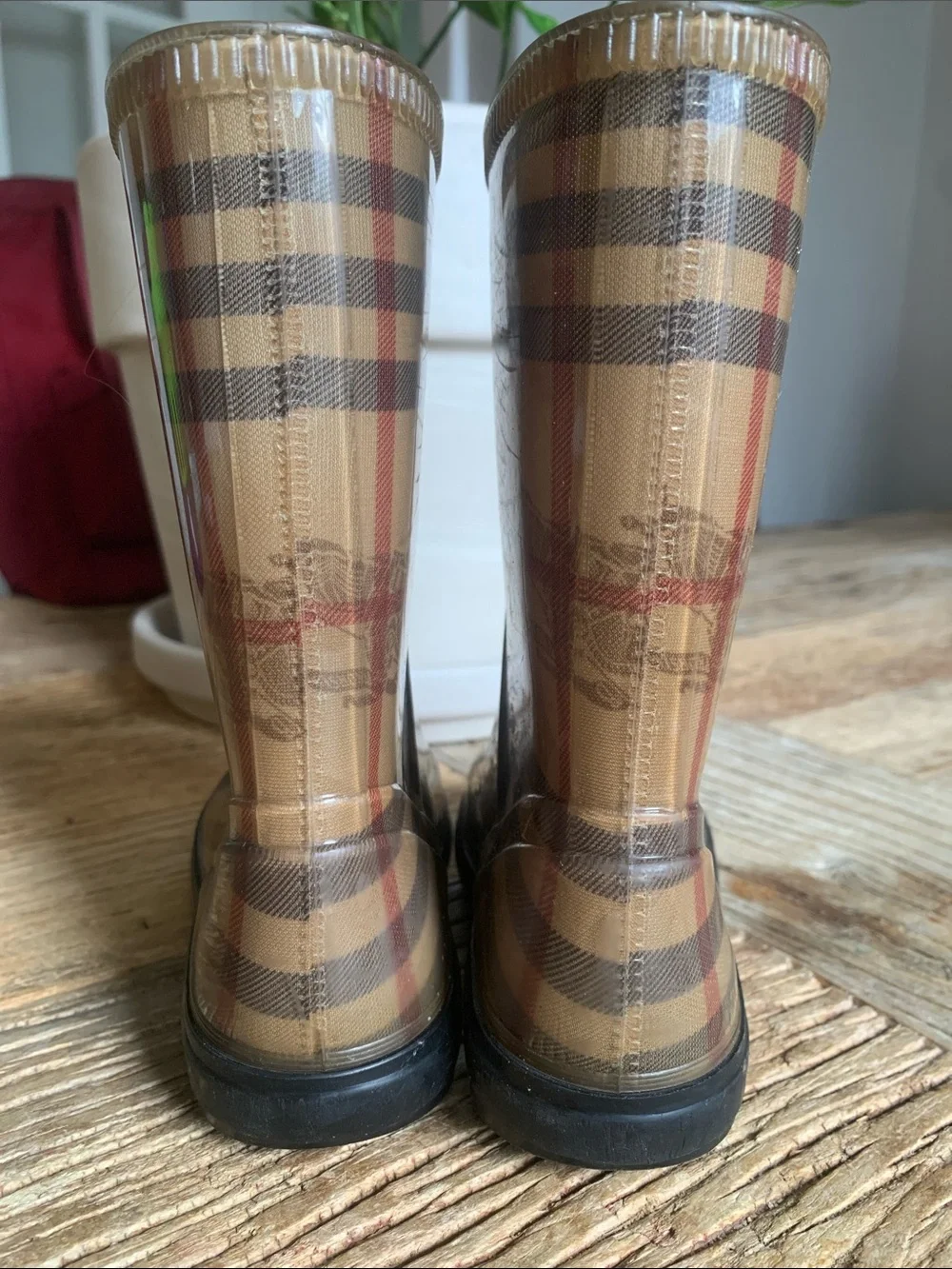 Burberry Beige Nova Check Kids Rain Boots with Black Soles 8.5